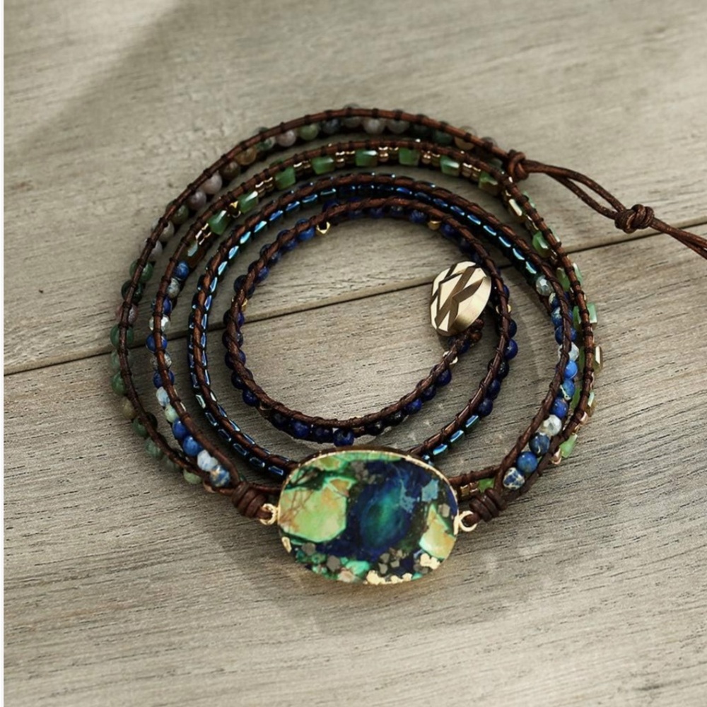 CLEARANCE Boho Handmade Natural Leather Bead Wrap Bracelet GREEN/BLUE JASPER - Picture 4 of 6